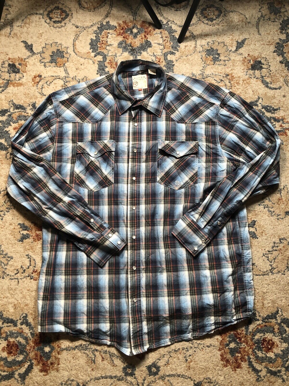 Roper Flannel Western Shirt Pearl Snap Check Blue Mens XL Long Sleeve Cowboy